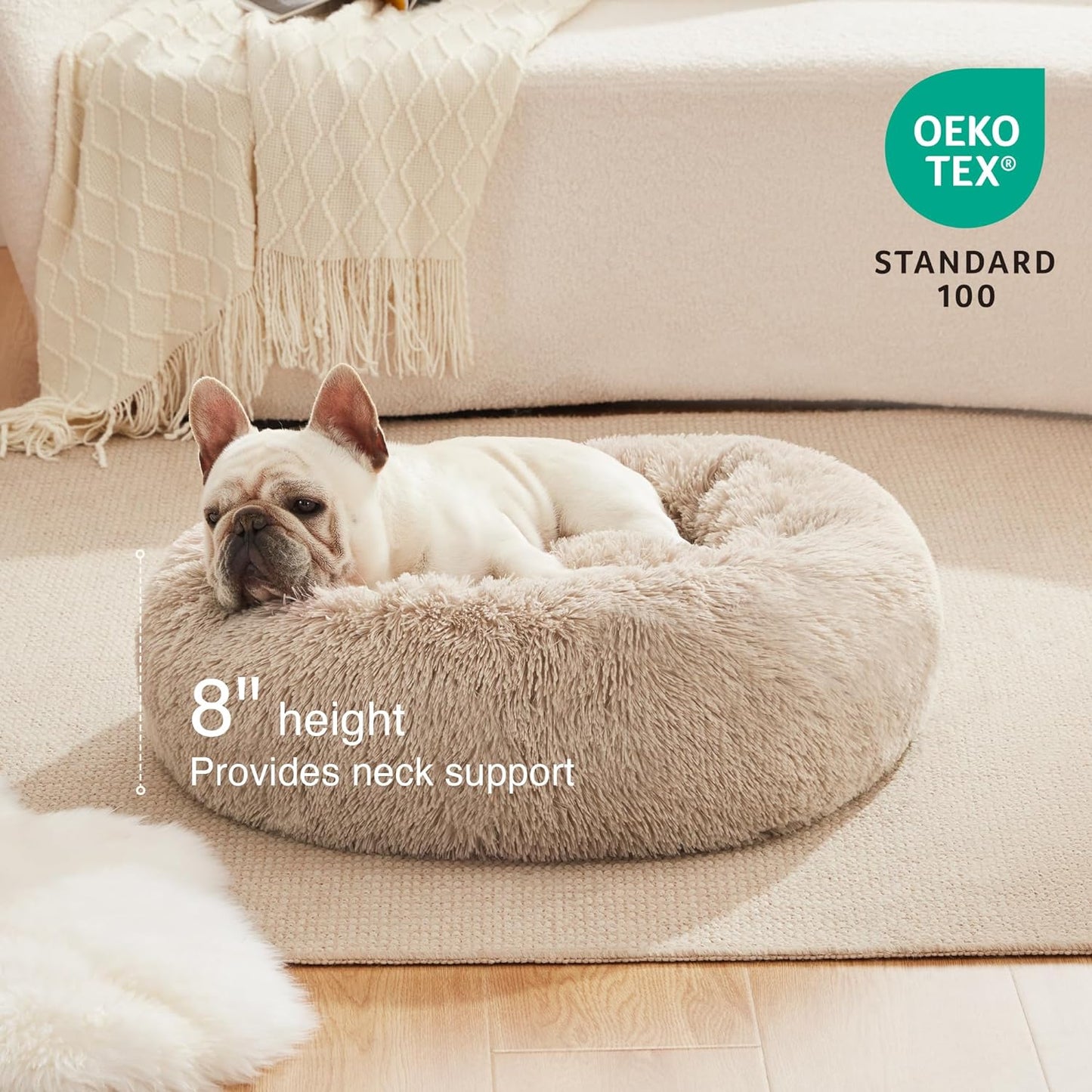 20In Cat Beds for Indoor Cats - Cat Bed with Machine Washable, Waterproof Bottom - Taupe Fluffy Dog and Cat Calming Cushion Bed for Joint-Relief and Sleep Improvement