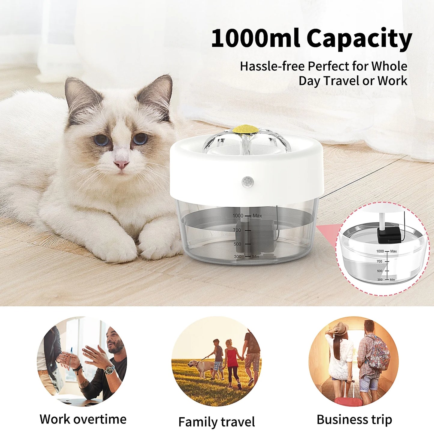 Cat Water Fountain, 1000Mah Battery, 1L Automatic Pet Drinking Fountain, White
