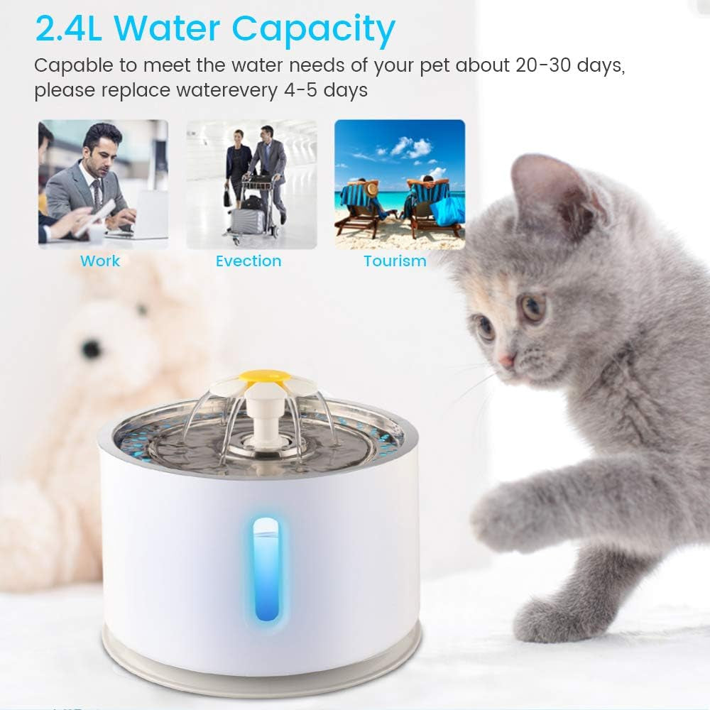 Cat Water Fountain Stainless Steel, 2.4L Automatic Pet Fountain Upgrade Pump Replacement Water Dog Dispenser with 3 Replacement Filters & 1 Silicone Mat for Cats Dogs Multiple Pets