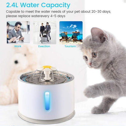 Cat Water Fountain Stainless Steel, 2.4L Automatic Pet Fountain Upgrade Pump Replacement Water Dog Dispenser with 3 Replacement Filters & 1 Silicone Mat for Cats Dogs Multiple Pets
