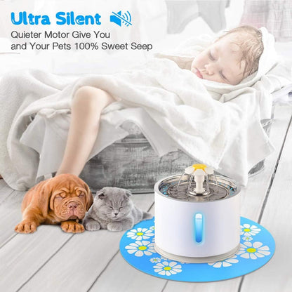 Cat Water Fountain Stainless Steel, 2.4L Automatic Pet Fountain Upgrade Pump Replacement Water Dog Dispenser with 3 Replacement Filters & 1 Silicone Mat for Cats Dogs Multiple Pets