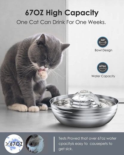 2L/67Oz Cat Water Fountain, 304 Stainless Steel Water Fountain for Cats Inside, Pet Water Fountain with 3 Filters & Quiet Pump, Cat Water Bowl with Automatic Filtration System - Silver