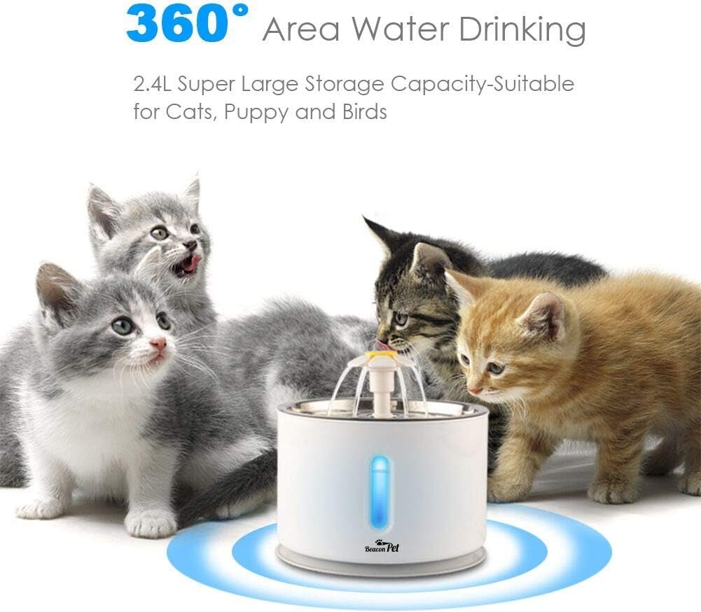 Cat Water Fountain Stainless Steel, 2.4L Automatic Pet Fountain Upgrade Pump Replacement Water Dog Dispenser with 3 Replacement Filters & 1 Silicone Mat for Cats Dogs Multiple Pets