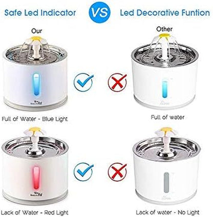 Cat Water Fountain Stainless Steel, 2.4L Automatic Pet Fountain Upgrade Pump Replacement Water Dog Dispenser with 3 Replacement Filters & 1 Silicone Mat for Cats Dogs Multiple Pets