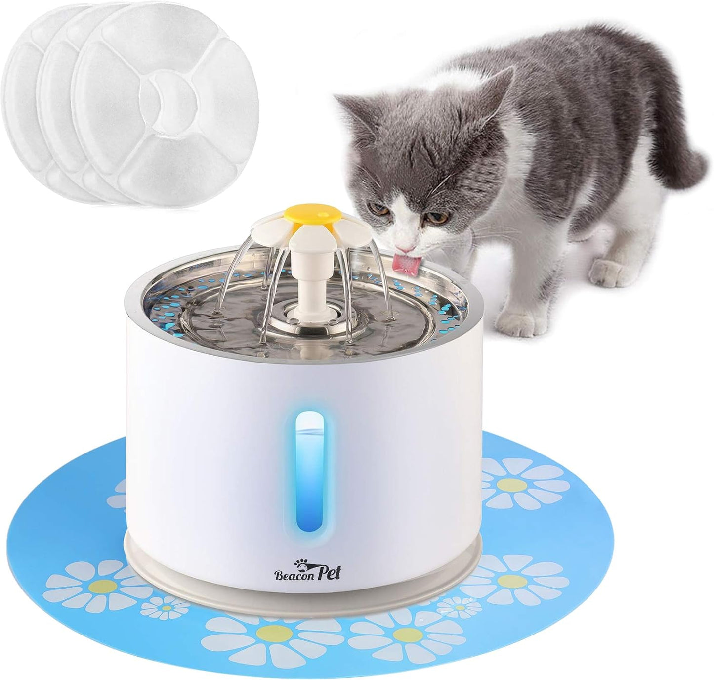 Cat Water Fountain Stainless Steel, 2.4L Automatic Pet Fountain Upgrade Pump Replacement Water Dog Dispenser with 3 Replacement Filters & 1 Silicone Mat for Cats Dogs Multiple Pets