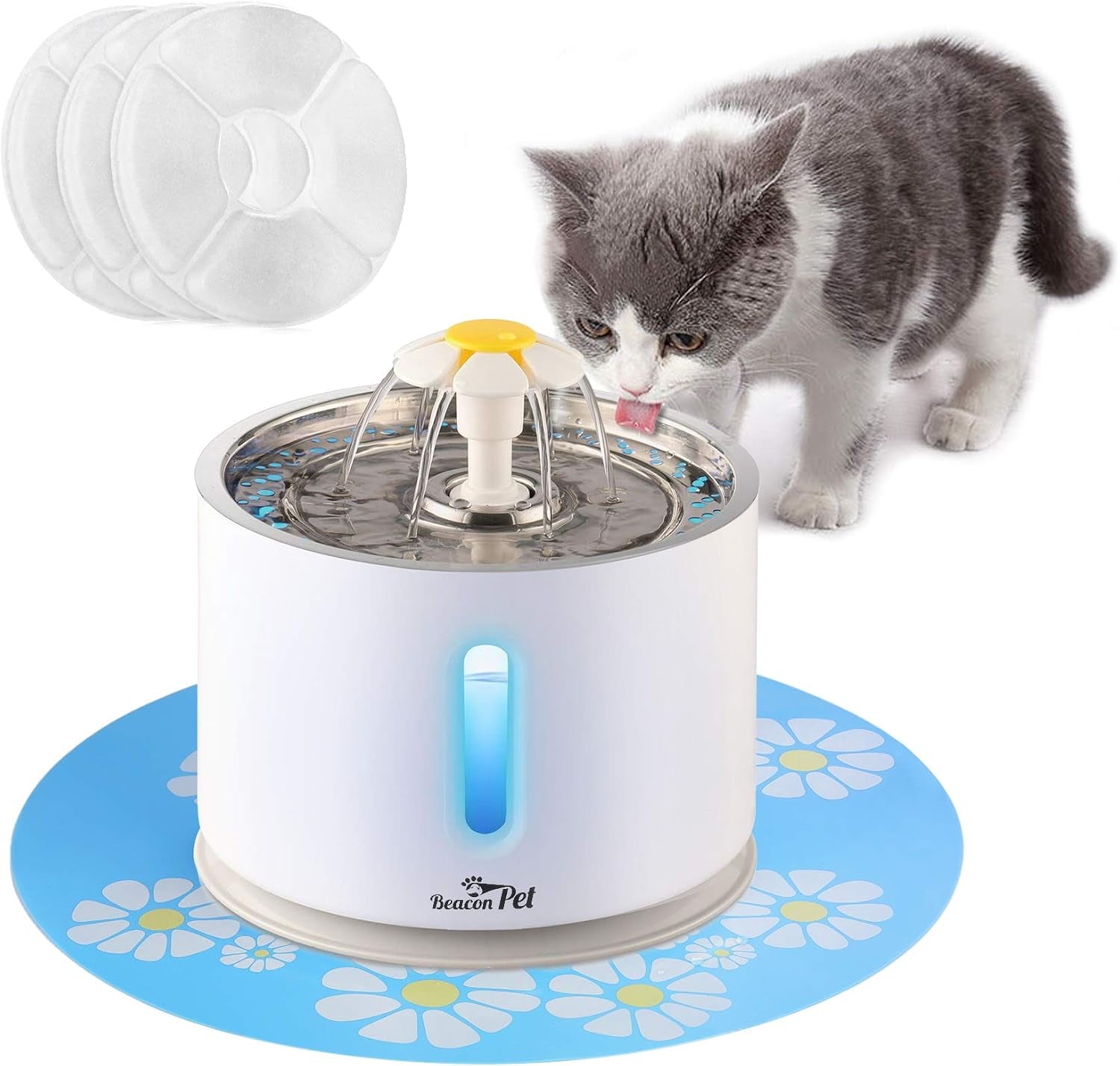 Cat Water Fountain Stainless Steel, 2.4L Automatic Pet Fountain Upgrade Pump Replacement Water Dog Dispenser with 3 Replacement Filters & 1 Silicone Mat for Cats Dogs Multiple Pets