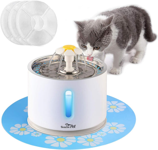 Cat Water Fountain Stainless Steel, 2.4L Automatic Pet Fountain Upgrade Pump Replacement Water Dog Dispenser with 3 Replacement Filters & 1 Silicone Mat for Cats Dogs Multiple Pets